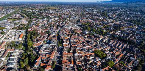 Aerial view around the old town of the city Offenburg in Germany on a sunny morning - obrazy, fototapety, plakaty