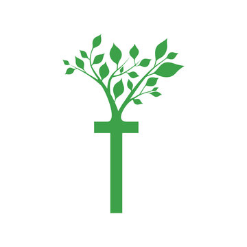 Green letter T with the branch of a tree ornament. For initial logo and brand identity.