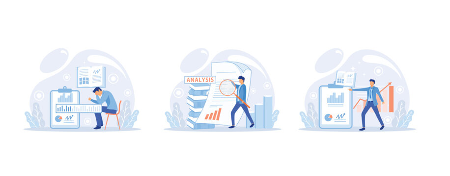 Business research. Identify business determine solutions business problems solving. Marketer analyzes sales plan, doing an advertising campaign, set flat vector modern illustration