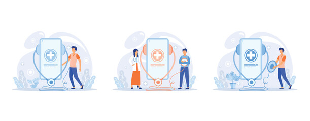 Online doctor. Healthcare services, Ask doctor. Tele medicine e-health service. Therapist videocalling phone screen, set flat vector modern illustration