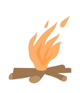 Camping hot bonfire. Fire from wooden sticks or cooking or warming. Wild life, survival and danger. Graphic element for website, sticker for social networks. Cartoon flat vector illustration