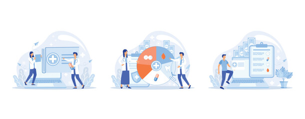 Health care program, online medical services, protection medicine. Medical insurance, hospital services, preventive check up, sick leave certificate treatment diagnosis patients, set flat vector moder
