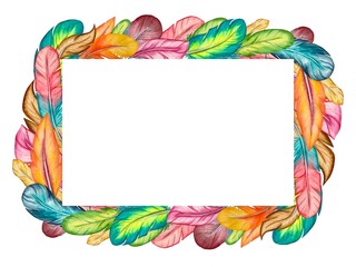 Watercolor decoration with colourful feathers. Square frame.