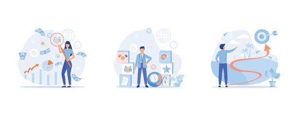 Business services, strategic planning, market research, project management, Teamwork to achieve goal and increase results and profits, set flat vector modern illustration