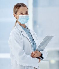 Covid, woman doctor and face mask safety, medicine and risk in medical hospital, surgery and...