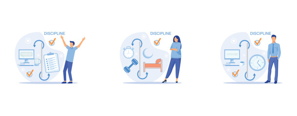 Fototapeta premium Discipline concept icon. Time management. Working day idea , Daily affairs of person, indicators of time for work, hobby, study, rest, set flat vector modern illustration