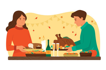 Man and Woman Prepare Foods for Celebrate the Thanksgiving Day