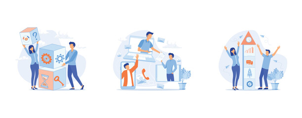Fototapeta premium Teamwork online, common goals scenes set. Business meeting successful teamwork concept. Businessman and woman characters communicating via internet, collaborating, brainstorming, set flat vector moder
