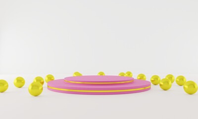 pink podium and golden ball in the white room.3d rendering.