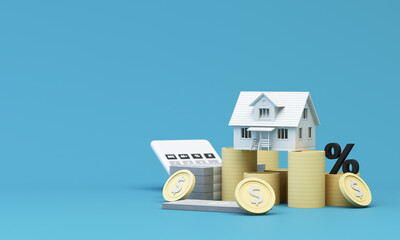 Real estate property investment or insurance. Home mortgage loan rate. Saving money for retirement concept. Coin stack on banknotes with color house model with calculator. 3d rendering illustration - obrazy, fototapety, plakaty
