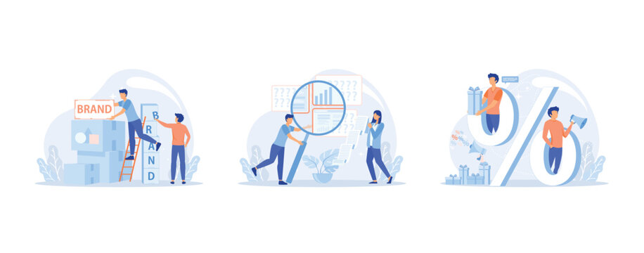 Company branding creation. Team build new brand. Promotion campaign. Competitor search and analysis. Market research and business strategy development. Product promotion sale, set flat vector modern i