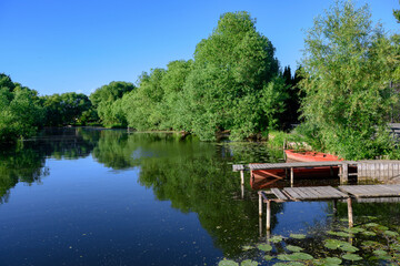 Obraz premium A river with water lilies, wooden piers and a boat surrounded by trees in summer