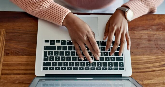 Laptop, typing on keyboard and student or business woman hands typing email, copywriting or editing. Productivity, fast and journalist working on digital article, report or internet research above