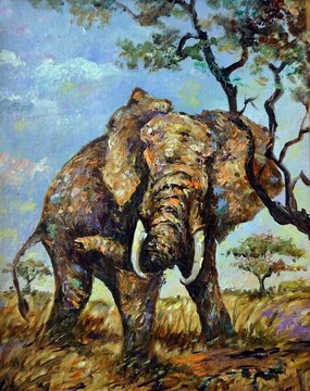   art oil color painting elephant africa  ,  Safari , zoo ,  forest , jungle