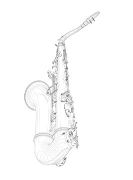 Saxophone outline from black lines isolated on white background. Perspective view. 3D. Vector illustration.
