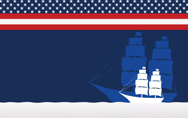 columbus day background with sailing ship and its shadow, american flag sky and copy space area