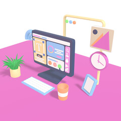 3D Illustration of workspace on PNG background. 3D rendering of student or college workspace with pc laptop illustration.