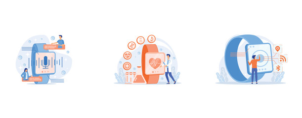 Users translating speech with smartwatch, Doctor and smartwatch with heart and medical icons, Smartwatch with Wi-Fi, bluetooth and GPS, set flat vector modern illustration