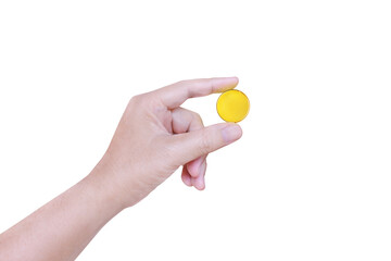 One man's hand was holding a gold coin with a finger. isolated on a white background