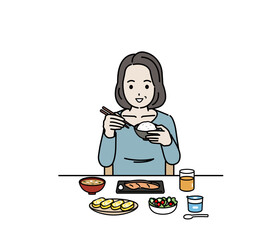 食生活　朝食を食べる　中年の女性　ミドル　健康的な食事　自炊　イラスト