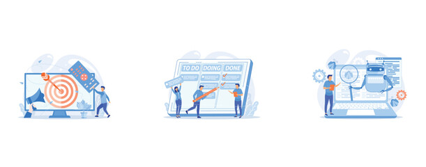 Businessman with remote control watching targeted TV ads, Tiny business people and manager at tasks and goals accomplishment chart, Controller reading regulations to robot, set flat vector modern illu