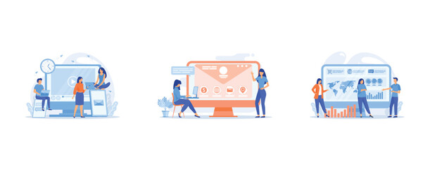 Tiny business people watching at digital devices screens and clock, Web developer working on company website, tiny people, Tiny business people build dashboard and analyze statistics, set flat vector 
