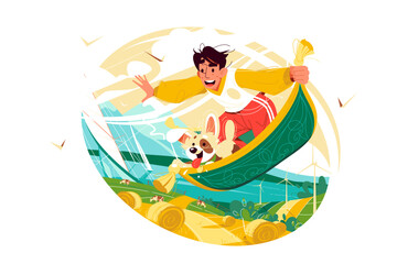 Male character with dog flying on magic carpet