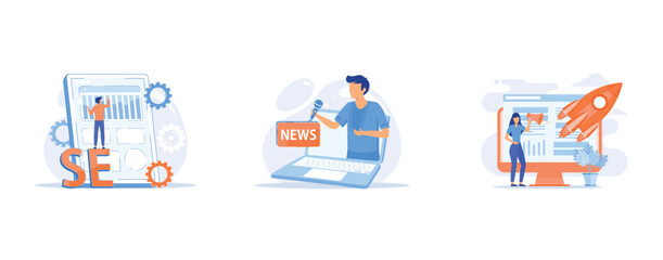 Search engine optimization, Mass media, Creative idea flat icon, set flat vector modern illustration