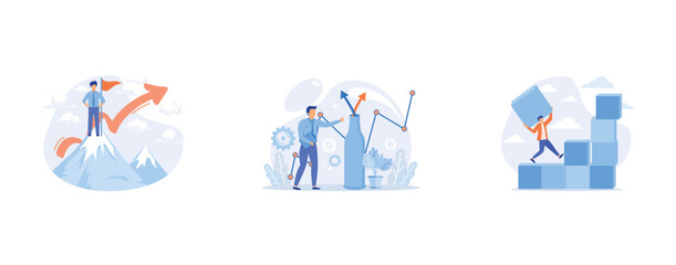 Ambitious businessman on top, Successful testing, Self made businessman, set flat vector modern illustration