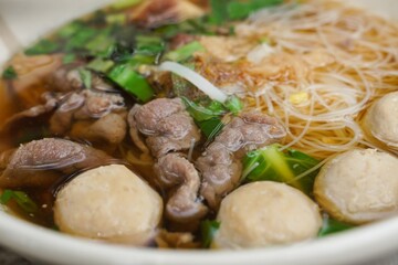 Thai Beef Noodle Soup  Contains fresh meat  Stewed Beef and Meatballs  It is a delicious food and is very popular.