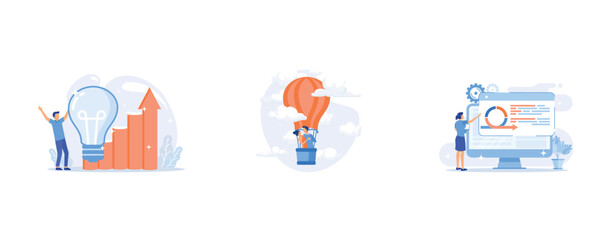Creative thinking, Flight transportation, Woman using software cartoon character, set flat vector modern illustration