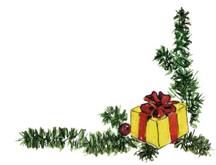 New Year's gift on fir branches. A yellow box tied with a red ribbon in a bow with a red glass ball. Watercolor. 2023 number design template