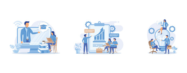 Fototapeta premium Online lecturing, Managers meeting, Company teamwork, idea generation, set flat vector modern illustration