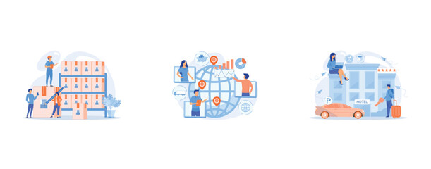Workers in warehouse, storage facility, Global distribution, international cargo freight company, Business people at hotel use all included services, lodgings and wifi, set flat vector modern illustra