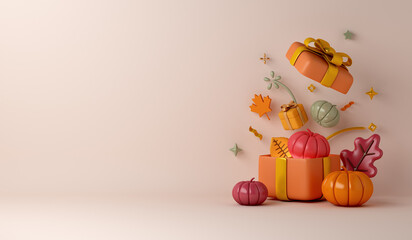 Autumn decoration background with pumpkin, orange leaves, gift box copy space text, 3d rendering illustration