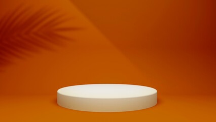 Product display 3D setup. Orange background with white round platform. Round stage riser. Beauty cosmetic studio on yellow holiday backdrop.