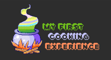 Halloween labels with witch's cauldron with rainbow broth. Pixel art 8bit vector badge with quote 