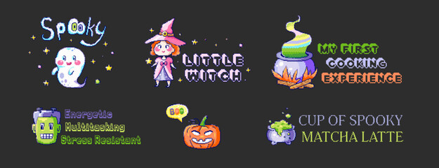 Halloween labels pixel art set. Retro 8bit vector badges with quotes collection for halloween celebration, funny stickers, prints, and backgrounds. Witch, ghost, zombie, pumpkin halloween characters.