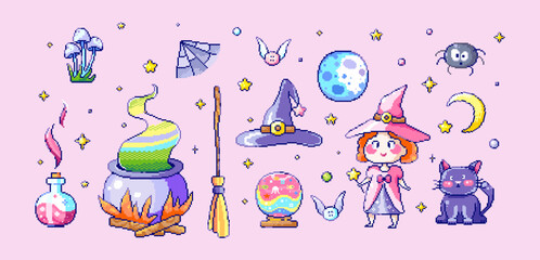 Pixel art witch set. Cute 8bit magic elements like girl witch, wizard hat, cauldron, broom, moon, bat, black cat, web, mushroom, crystal Ball, stars, potion, elixir for stickers, badges, emoji, prints