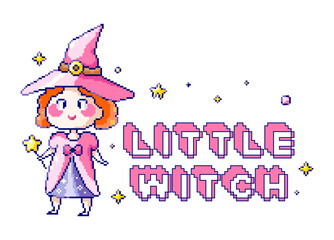 Halloween labels with cute little witch. Pixel art 8bit vector badge with quote for halloween holiday celebration, funny stickers, prints, and backgrounds.