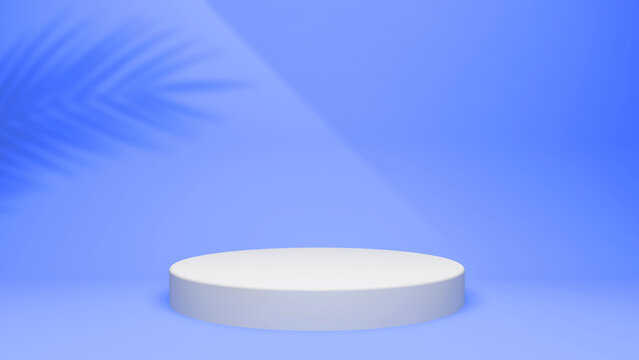 Product Display 3D Setup. Blue Background With White Round Platform. Round Stage Riser. Beauty Cosmetic Studio On Yellow Holiday Backdrop.