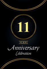 11 years anniversary celebration logo with silver dotted and golden ring borders on black background. Premium design for poster, banner, weddings, birthday party, celebration events, greetings card.