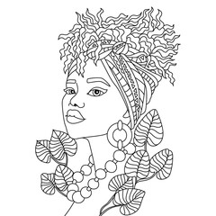African black woman afro modern girl turban head wrap scarf Nubian queen coloring illustration pages