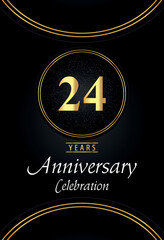 24 years anniversary celebration logo with silver dotted and golden ring borders on black background. Premium design for poster, banner, weddings, birthday party, celebration events, greetings card.