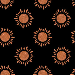 Golden sun seamless pattern. Isolated on a black background. For design.