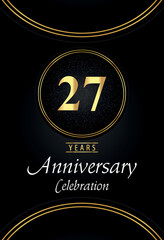 27 years anniversary celebration logo with silver dotted and golden ring borders on black background. Premium design for poster, banner, weddings, birthday party, celebration events, greetings card.