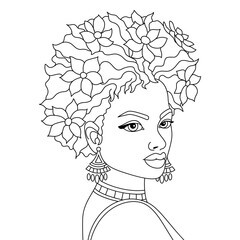 A modern afro woman decorating her hair with some flower ornaments and vector coloring illustration