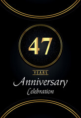 47 years anniversary celebration logo with silver dotted and golden ring borders on black background. Premium design for poster, banner, weddings, birthday party, celebration events, greetings card.