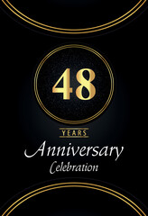 48 years anniversary celebration logo with silver dotted and golden ring borders on black background. Premium design for poster, banner, weddings, birthday party, celebration events, greetings card.