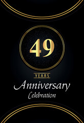 49 years anniversary celebration logo with silver dotted and golden ring borders on black background. Premium design for poster, banner, weddings, birthday party, celebration events, greetings card.